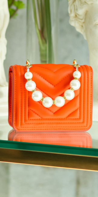 Trendy ultra mini handtas met pearl handle oranje